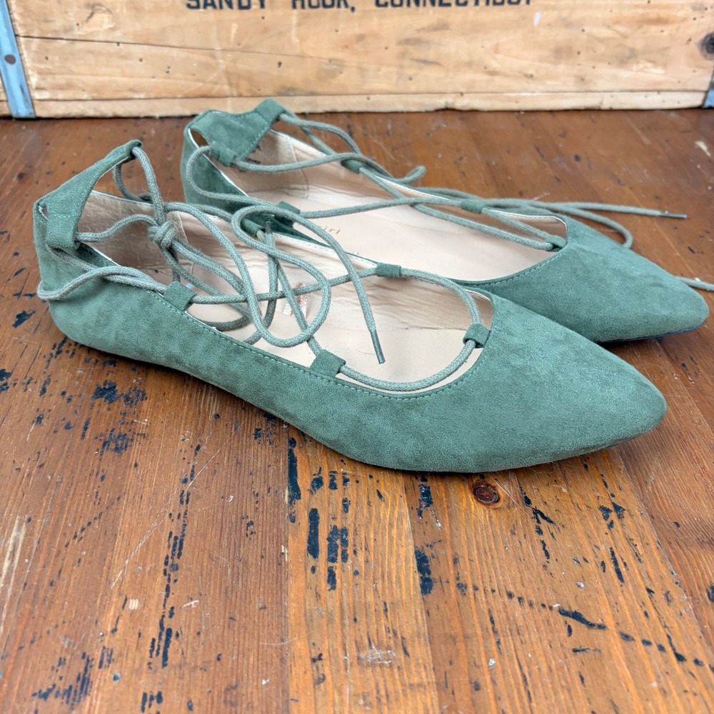 Madden Girl Women 8.5 Olive Green Lace Up Pointed Toe Ballet Flats Ghillie Shoes